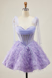 Lilla A-Line Spaghetti Straps Corsetto Beaded Abiti Da cocktail con piume