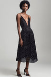 Nero Scollo A V Spaghetti Straps A Line Bianco Polka Dots Dress