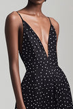 Nero Scollo A V Spaghetti Straps A Line Bianco Polka Dots Dress