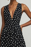 Abito a linee in chiffon con scollo a V bianco nero a pois