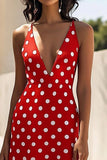 Abito rosso con spalline a V con scollo a V a pois bianchi