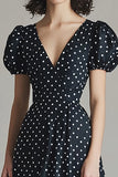A Line Satin Nero Bianco Polka Dots Dress con maniche a sbuffo