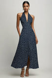 Navy A-Line Halter bianco pois abito con fessura