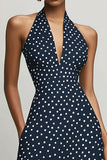 Navy A-Line Halter bianco pois abito con fessura