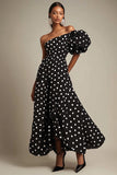 Una spalla A Line Nero Bianco Polka Dots Dress