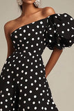 Una spalla A Line Nero Bianco Polka Dots Dress