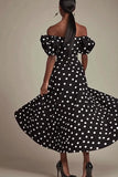 Nero A Line Off The Shoulder Bianco Polka Dots Dress con fessura