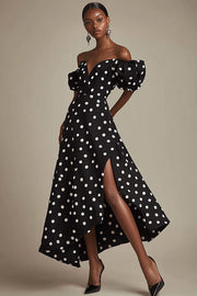 Nero A Line Off The Shoulder Bianco Polka Dots Dress con fessura