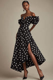 Nero A Line Off The Shoulder Bianco Polka Dots Dress con fessura