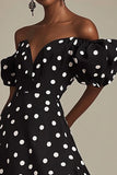 Nero A Line Off The Shoulder Bianco Polka Dots Dress con fessura