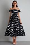 Off The Shoulder A Line Nero Bianco Polka Dots Dress