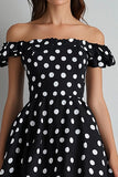 Off The Shoulder A Line Nero Bianco Polka Dots Dress