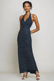 Halter Navy Tubino Abito Lungo Bianco A Pois