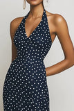 Halter Navy Tubino Abito Lungo Bianco A Pois