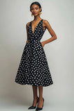 Nero Bianco Scollo A V A Line Polka Dots Dress