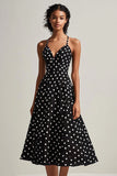 Nero Bianco Spaghetti Straps A-Line Polka Dots Dress