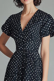 A Line V Neck Nero Bianco Polka Dots Dress con maniche corte