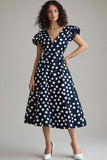 Navy White A Line Polka Dots Dress con maniche a sbuffo