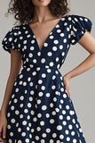 Navy White A Line Polka Dots Dress con maniche a sbuffo
