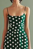 Verde Bianco Spaghetti Straps A Line Midi Polka Dots Dress