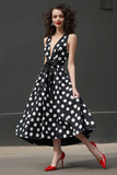 Nero Bianco A Line Abito A Pois Con Scollo A V