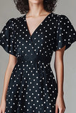 Nero Bianco A Line V Neck Abito lungo a pois