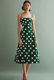 A Line Spaghetti Straps Vestito Verde Bianco Pois