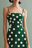 A Line Spaghetti Straps Vestito Verde Bianco Pois