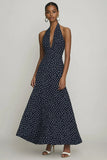 Chiffon Halter A-Line Nero Bianco Polka Dots Dress