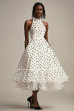 A Line Ruffled High Neck Bianco Nero Polka Dots Dress