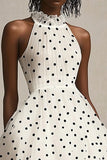 A Line Ruffled High Neck Bianco Nero Polka Dots Dress