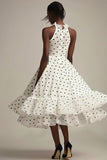 A Line Ruffled High Neck Bianco Nero Polka Dots Dress