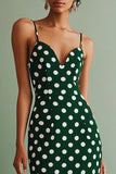 Verde Bianco Spaghetti Straps Guaina Midi Polka Dots Dress