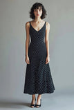A-Line Spaghetti Straps Nero Bianco Scollo a V Polka Dots Dress