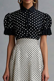 Vintage arruffato collo bavero nero bianco pois vestito
