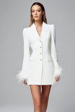 Feathers Ivory Satin Peak Lapel Bodycon Abito da lavoro