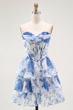 Senza spalline bianco blu fiore corsetto A-Line Tiered Ruffle Abito Da Cocktail