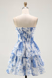 Senza spalline bianco blu fiore corsetto A-Line Tiered Ruffle Abito Da Cocktail