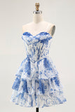 Senza spalline bianco blu fiore corsetto A-Line Tiered Ruffle Abito Da Cocktail