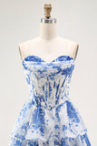 Senza spalline bianco blu fiore corsetto A-Line Tiered Ruffle Abito Da Cocktail