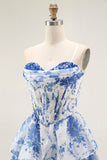 Senza spalline bianco blu fiore corsetto A-Line Tiered Ruffle Abito Da Cocktail