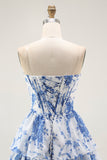 Senza spalline bianco blu fiore corsetto A-Line Tiered Ruffle Abito Da Cocktail