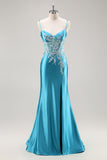 Sirena raso corsetto blu abito da cerimonia con liste