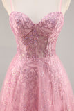 Corsetto rosa scintillante A Line Abito da cerimonia lungo