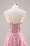 Corsetto rosa scintillante A Line Abito da cerimonia lungo