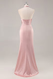 Blush collo alto raso increspato abito da damigella d'onore lungo con fessura