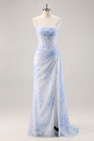 Blu floreale sirena corsetto lungo abito da damigella d'onore con fessura