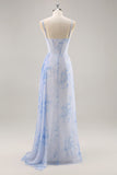 Blu floreale sirena corsetto lungo abito da damigella d'onore con fessura