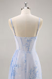 Blu floreale sirena corsetto lungo abito da damigella d'onore con fessura
