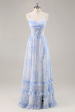 Blu corsetto floreale chiffon abito da damigella d'onore lungo con fessura